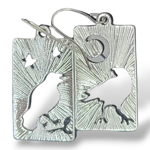 Silver High Polished Crow Raven Moon cut out Drop Dangle Earrings - Picture 2 of 6